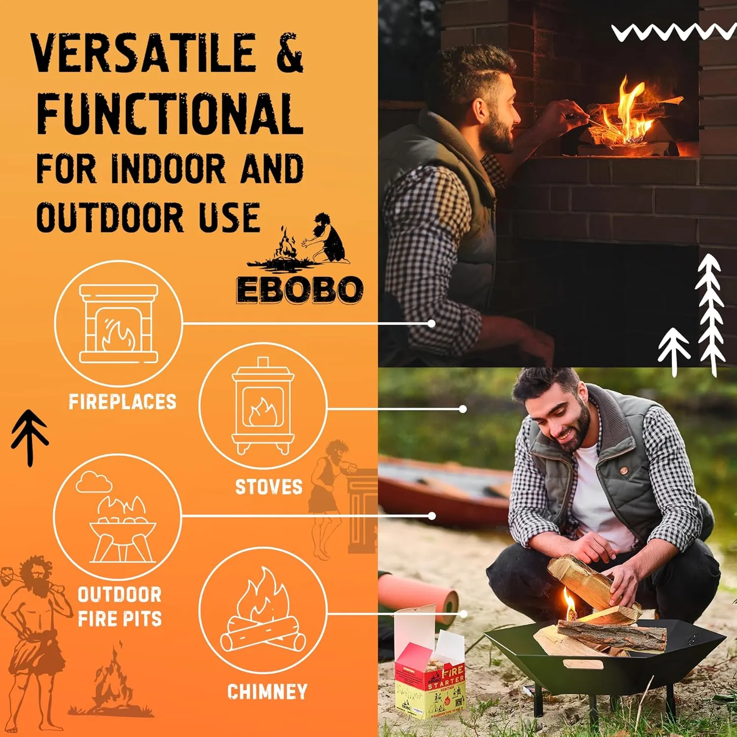 50 pcs Natural Fire Starters for Fireplace, Wood Stove, Charcoal Grill, BBQ, Fire Pit & Smoker – Wood Wool & Wax Rolls – Easy to Light, No Prep, No Mess