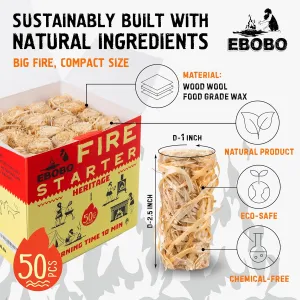 50 pcs Natural Fire Starters for Fireplace, Wood Stove, Charcoal Grill, BBQ, Fire Pit & Smoker – Wood Wool & Wax Rolls – Easy to Light, No Prep, No Mess