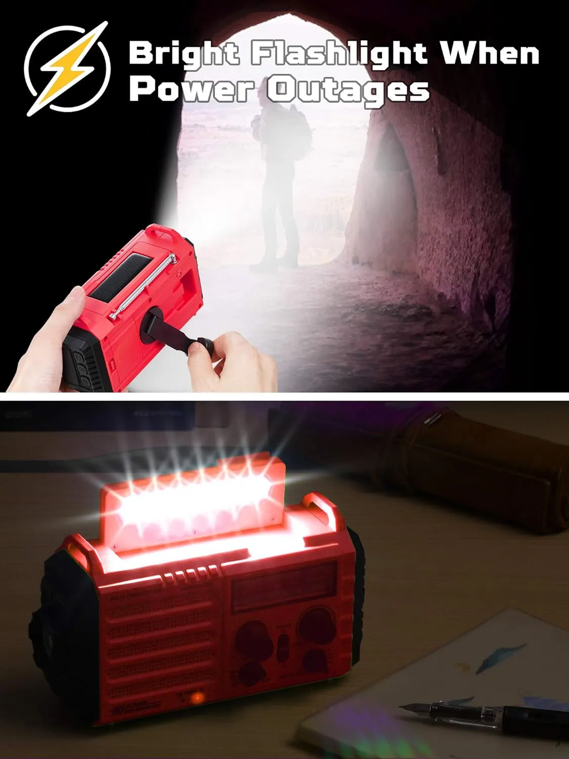 5000mAh Weather Alert Radio, AM/FM/SW/NOAA Radio, Solar Hand Crank Portable Survival Emergency Radio,Rechargeable Battery Power Bank USB Cellphone Charger,Camping Flashlight Lantern,SOS Alarm,Compass