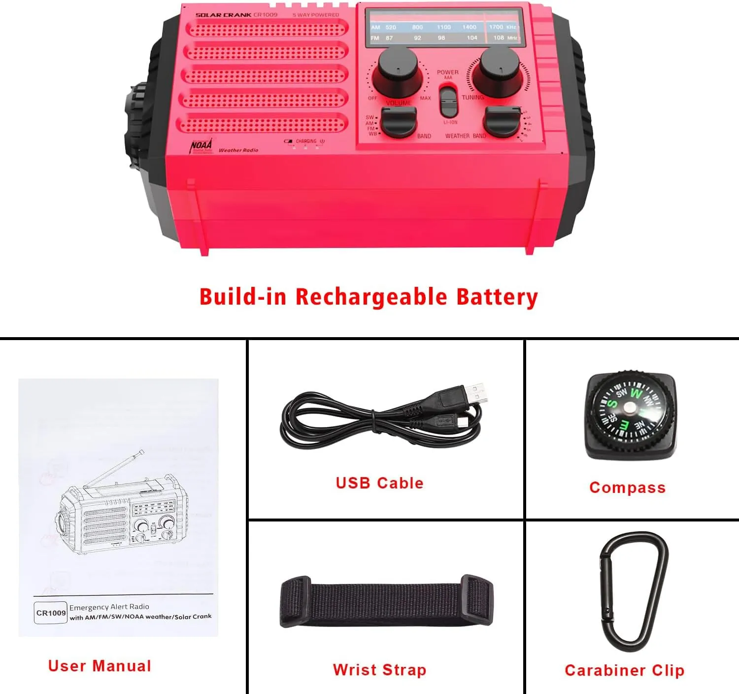 5000mAh Weather Alert Radio, AM/FM/SW/NOAA Radio, Solar Hand Crank Portable Survival Emergency Radio,Rechargeable Battery Power Bank USB Cellphone Charger,Camping Flashlight Lantern,SOS Alarm,Compass