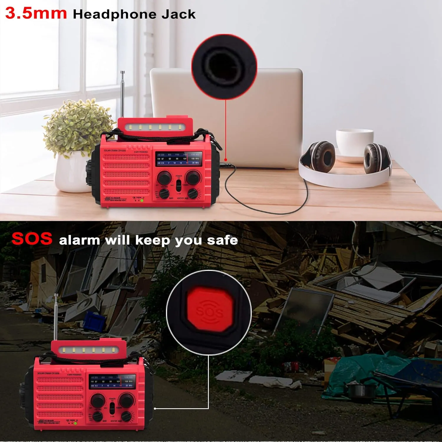 5000mAh Weather Alert Radio, AM/FM/SW/NOAA Radio, Solar Hand Crank Portable Survival Emergency Radio,Rechargeable Battery Power Bank USB Cellphone Charger,Camping Flashlight Lantern,SOS Alarm,Compass