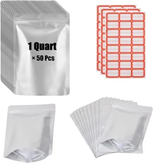 50pcs Mylar Bags 1 Quart Food Storage Bags with Zipper Heat Resealable Aluminum Foil Storage Bag,Each Side 4.75 Mil Thick,7"x10" (50Pack-1Quart)