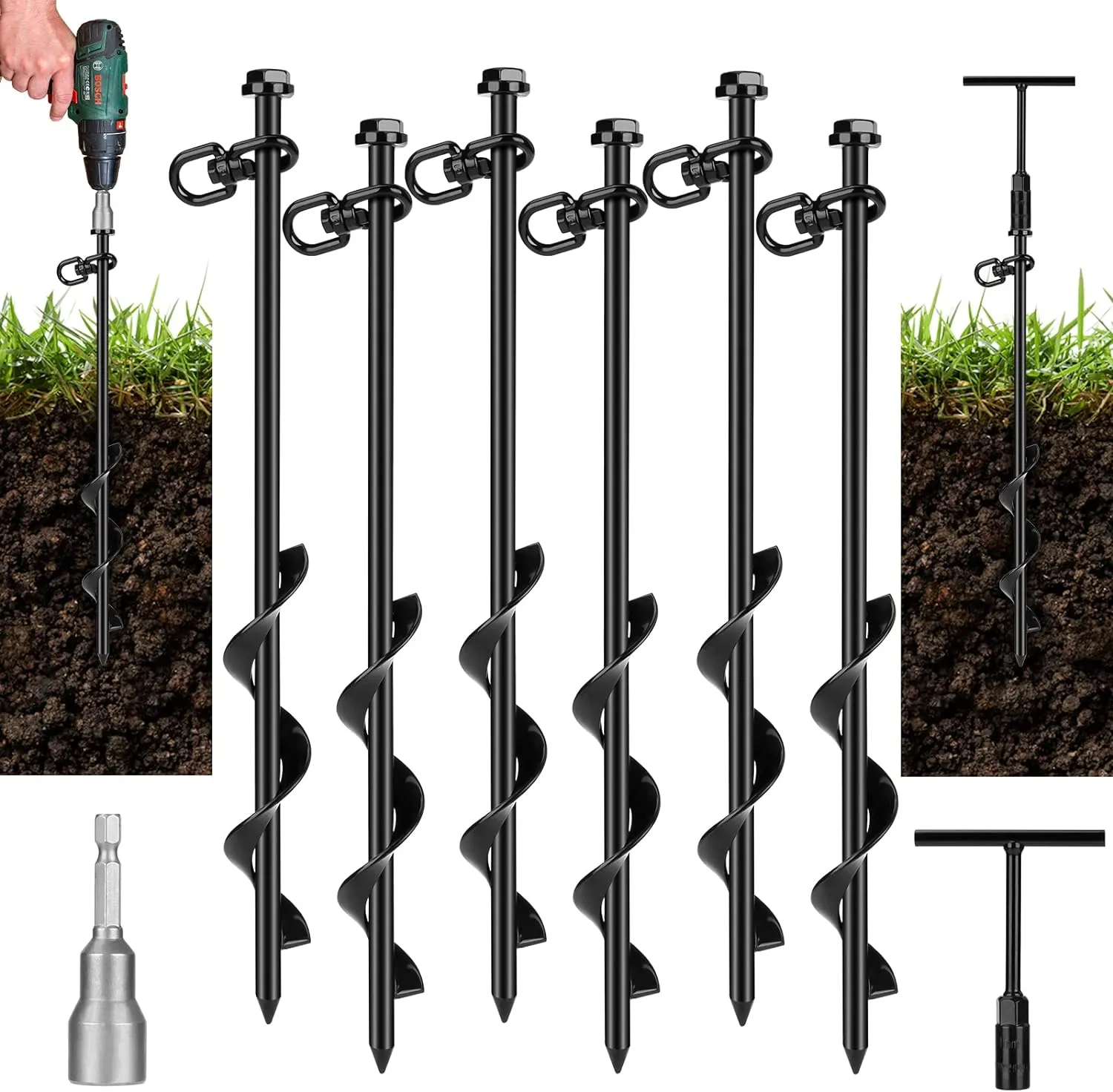 6 Pack Ground Anchor Heavy Duty Earth Anchors with T Handle Hex Wrench & Power Nut Driver, Metal Stakes Ground Anchors Screw in for Swing, Trampoline, Tents, Securing Animals