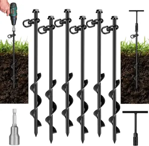 6 Pack Ground Anchor Heavy Duty Earth Anchors with T Handle Hex Wrench & Power Nut Driver, Metal Stakes Ground Anchors Screw in for Swing, Trampoline, Tents, Securing Animals
