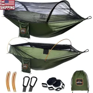 600lb Capacity Camping Hammock with Mosquito Net - Lightweight Portable Double Hammock with Aluminum Poles & Tree Straps