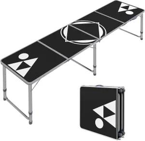 8ft Portable Beer Pong Table with Adjustable Legs, Folding Camping Table, Aluminum Picnic Table, for Party, Travel, BBQ, Beach, Black and White