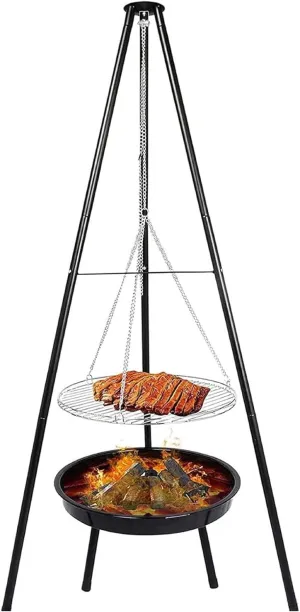 Adjustable Height Charcoal Grill Camping Tripod Portable Tripod Camping Grill with Fire Bowl/Steel Grate and Legs for Outdoor BBQ