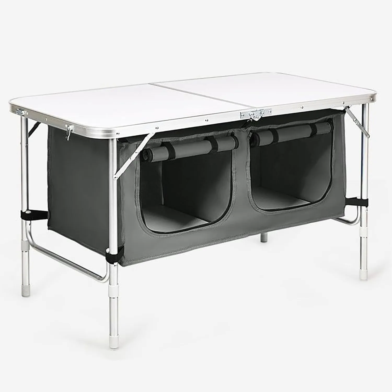 Adjustable Height Folding Camping Table - Portable Outdoor Picnic Desk with Storage Locker, Lightweight Aluminum Frame, 45 lbs Capacity for Camping, Beach, Backyard