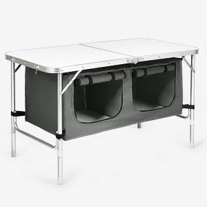 Adjustable Height Folding Camping Table - Portable Outdoor Picnic Desk with Storage Locker, Lightweight Aluminum Frame, 45 lbs Capacity for Camping, Beach, Backyard