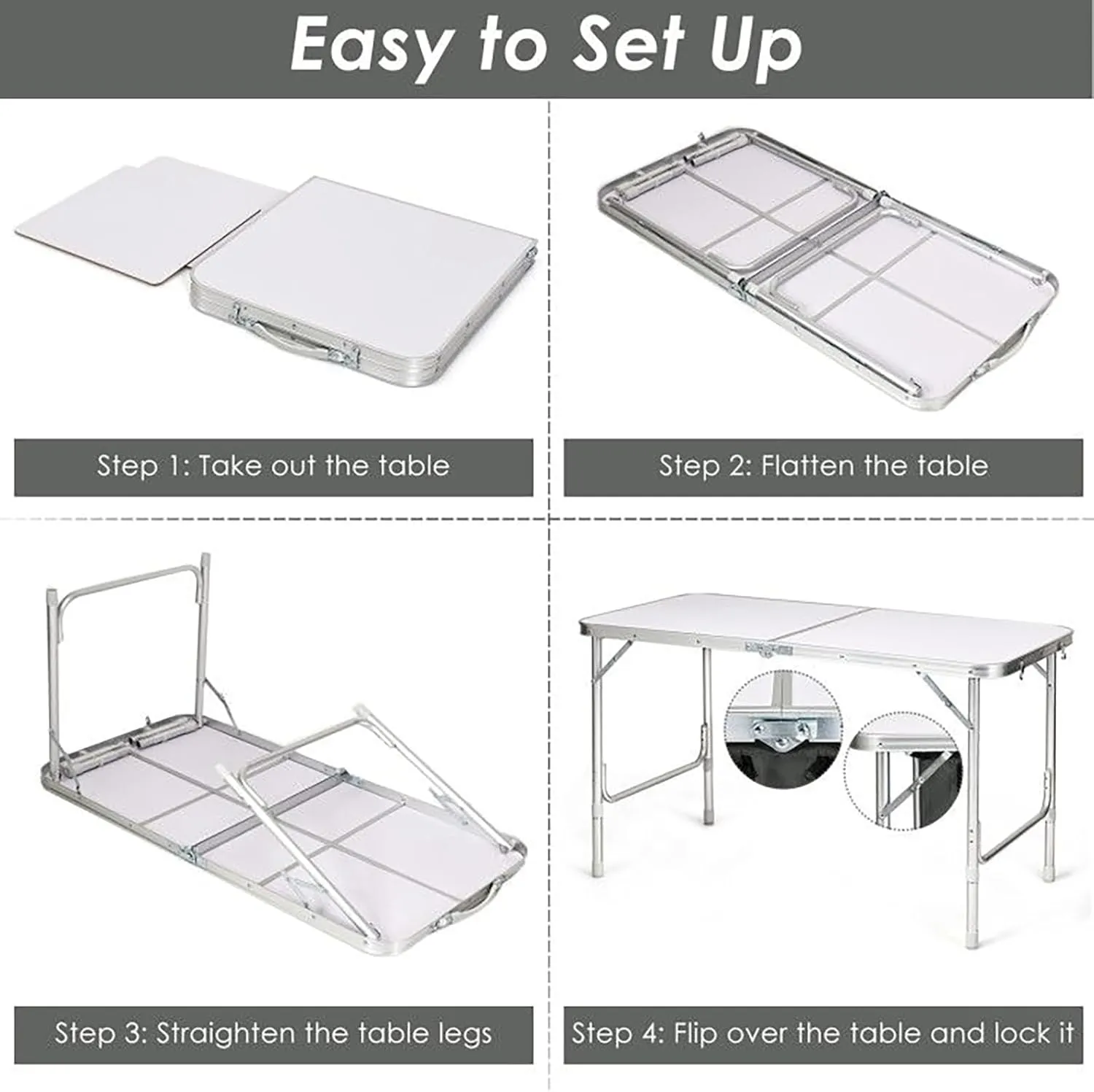 Adjustable Height Folding Camping Table - Portable Outdoor Picnic Desk with Storage Locker, Lightweight Aluminum Frame, 45 lbs Capacity for Camping, Beach, Backyard