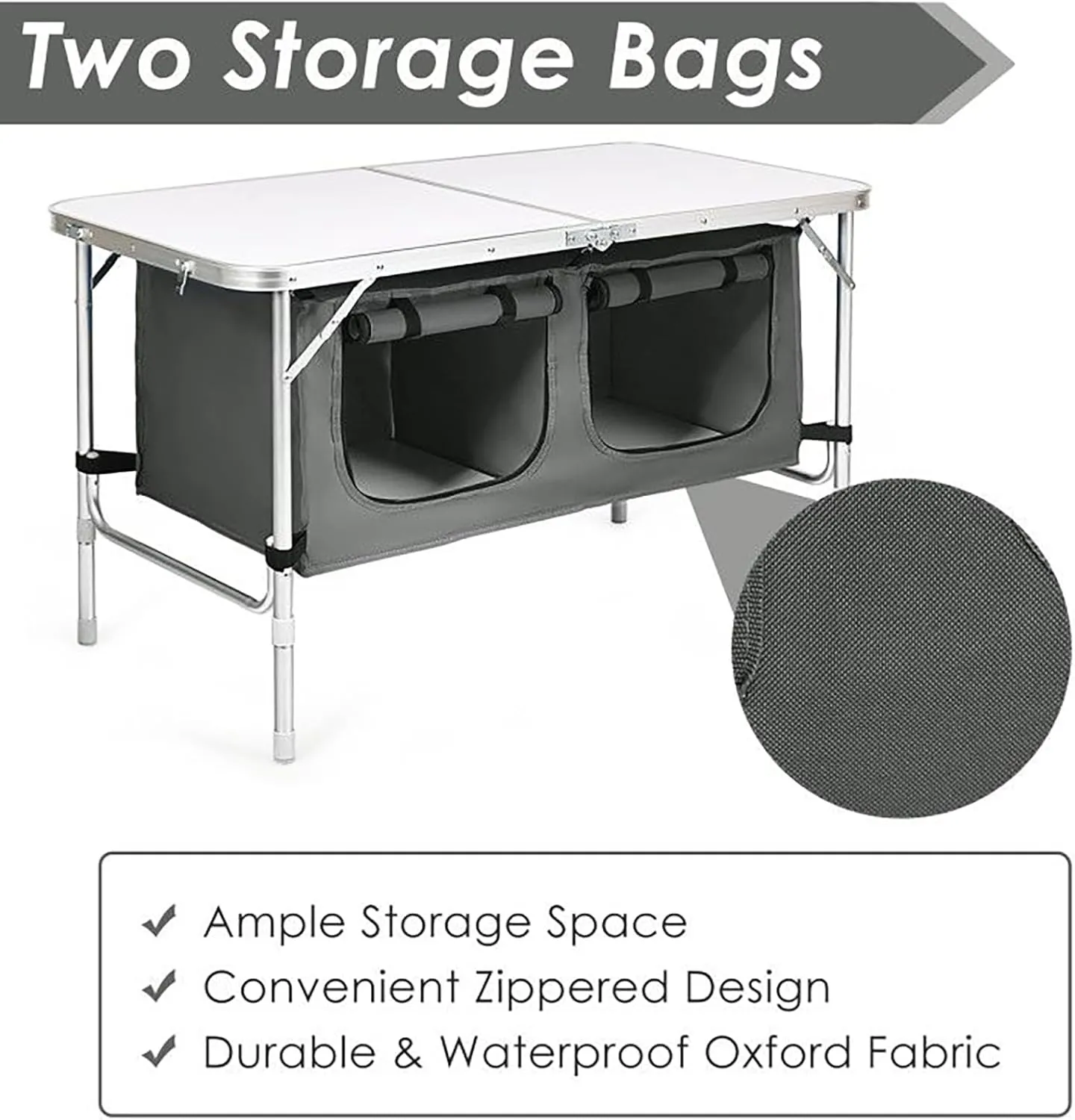 Adjustable Height Folding Camping Table - Portable Outdoor Picnic Desk with Storage Locker, Lightweight Aluminum Frame, 45 lbs Capacity for Camping, Beach, Backyard