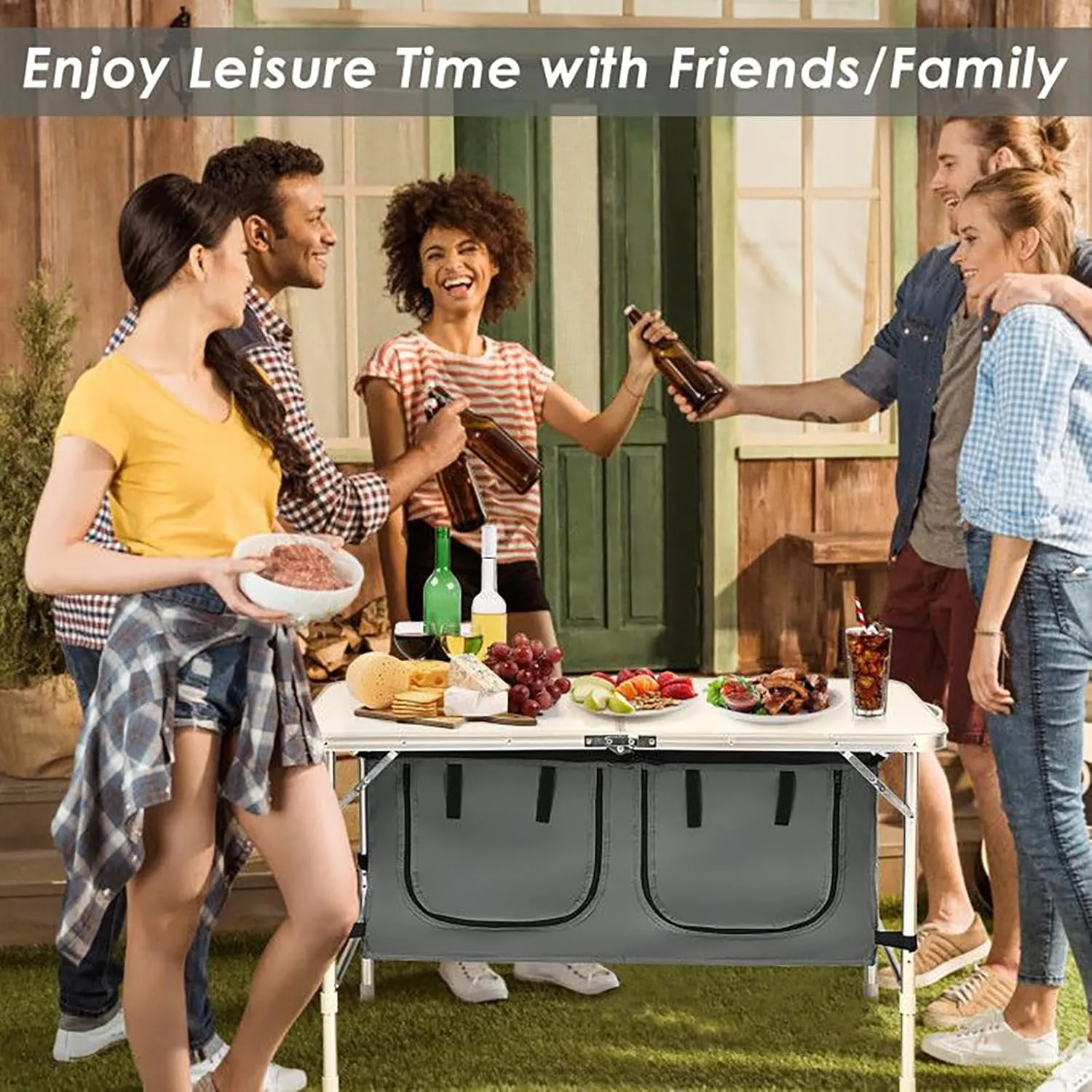 Adjustable Height Folding Camping Table - Portable Outdoor Picnic Desk with Storage Locker, Lightweight Aluminum Frame, 45 lbs Capacity for Camping, Beach, Backyard