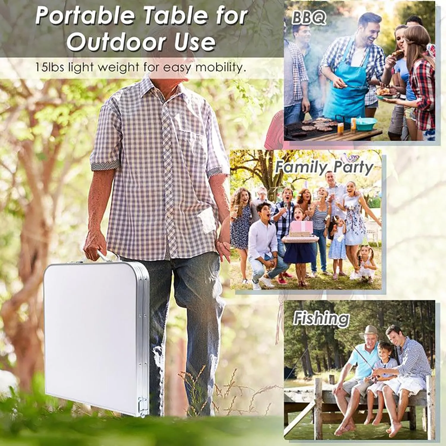 Adjustable Height Folding Camping Table - Portable Outdoor Picnic Desk with Storage Locker, Lightweight Aluminum Frame, 45 lbs Capacity for Camping, Beach, Backyard