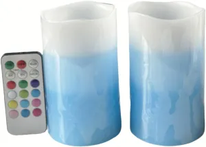 Adoria Blue Flameless Candles Set of 2- Tri-Layer Color Real Wax Pillar Candles with Timer- Dia3 xH5 Inch,Ocean Scented-Color Changing, Home Decor. Party,Camping