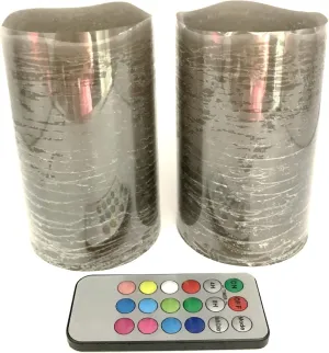 Adoria Grey Flameless Candles Set 2-Real Wax Realistic Pillar Candles Battery with Eucalyptus Scented, Dia3 XH5“- Remote and Timer -Color Changing, Well for Home Decor,Camping,Party