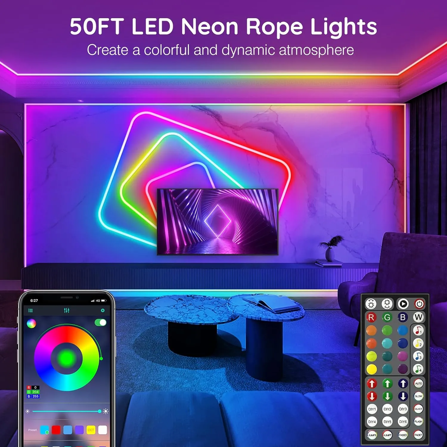 AILBTON 50FT Led Neon Rope Lights Control with App/Remote,Flexible Led Rope Light,Multiple Modes,IP65 Outdoor RGB Lights,Music Sync Gaming Led Neon Strip Light for (50FT)