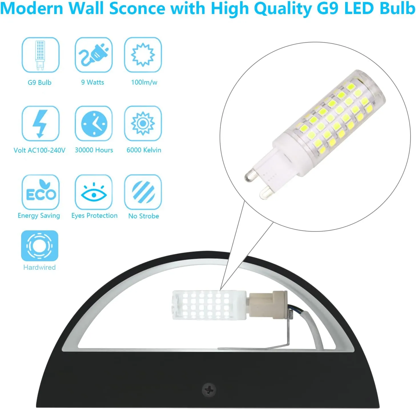Aipsun Indoor Black Modern LED Wall Sconce Interior Wall Lights Set of 2 Hardwired Up and Down Wall Mount Light for Living Room Bedroom Hallway Corridor Cool White 6000K(with G9 Bulbs)