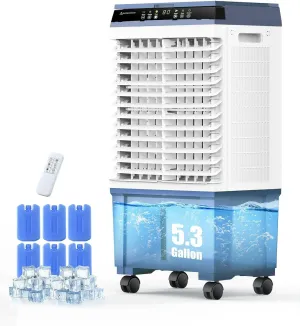 Air Choice Swamp Cooler, 1800 CFM Portable Evaporative Air Cooler with 6 Ice Box & 5.3 Gal Water Tank, 110° Swing, 3 Speeds, Upgraded Remote, 12H Timer, 3-in-1 Air Cooling Fan for Outdoor Indoor, Blue