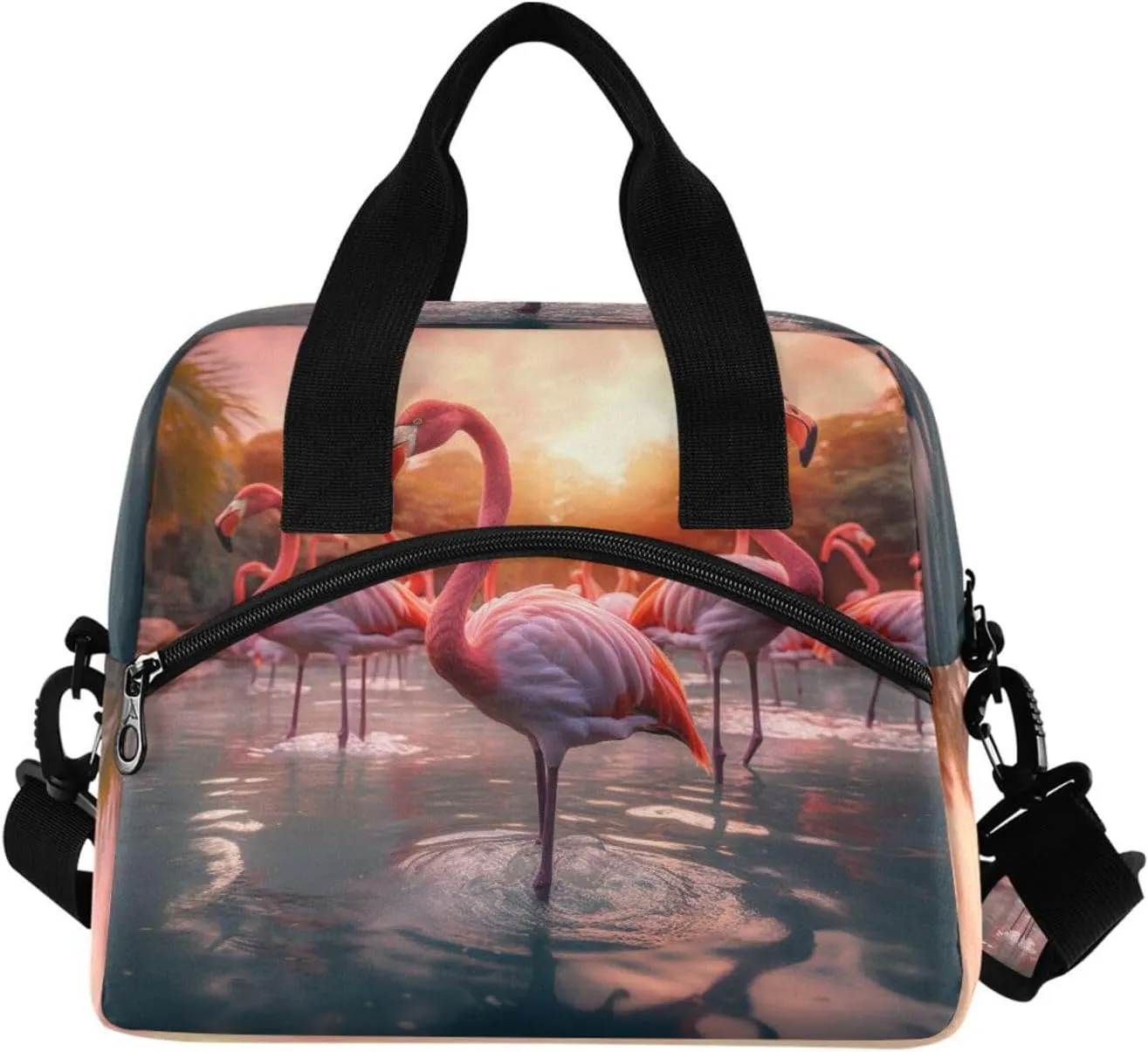 ALAZA Two Flamingo Jungle Palm Reusable Lunch Bag Insulated Cooler Tote Bag