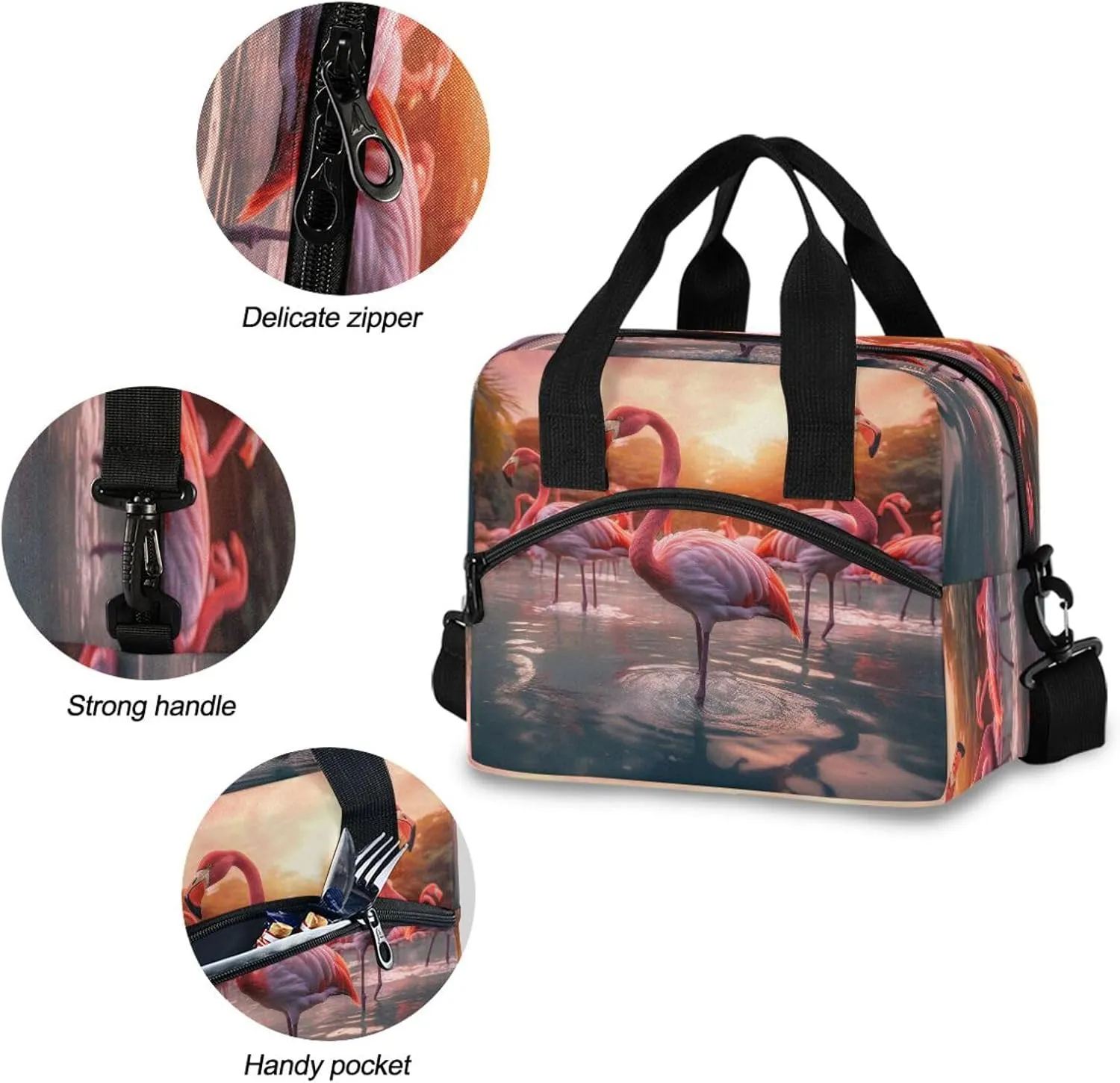 ALAZA Two Flamingo Jungle Palm Reusable Lunch Bag Insulated Cooler Tote Bag