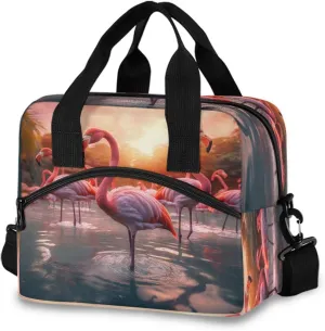 ALAZA Two Flamingo Jungle Palm Reusable Lunch Bag Insulated Cooler Tote Bag