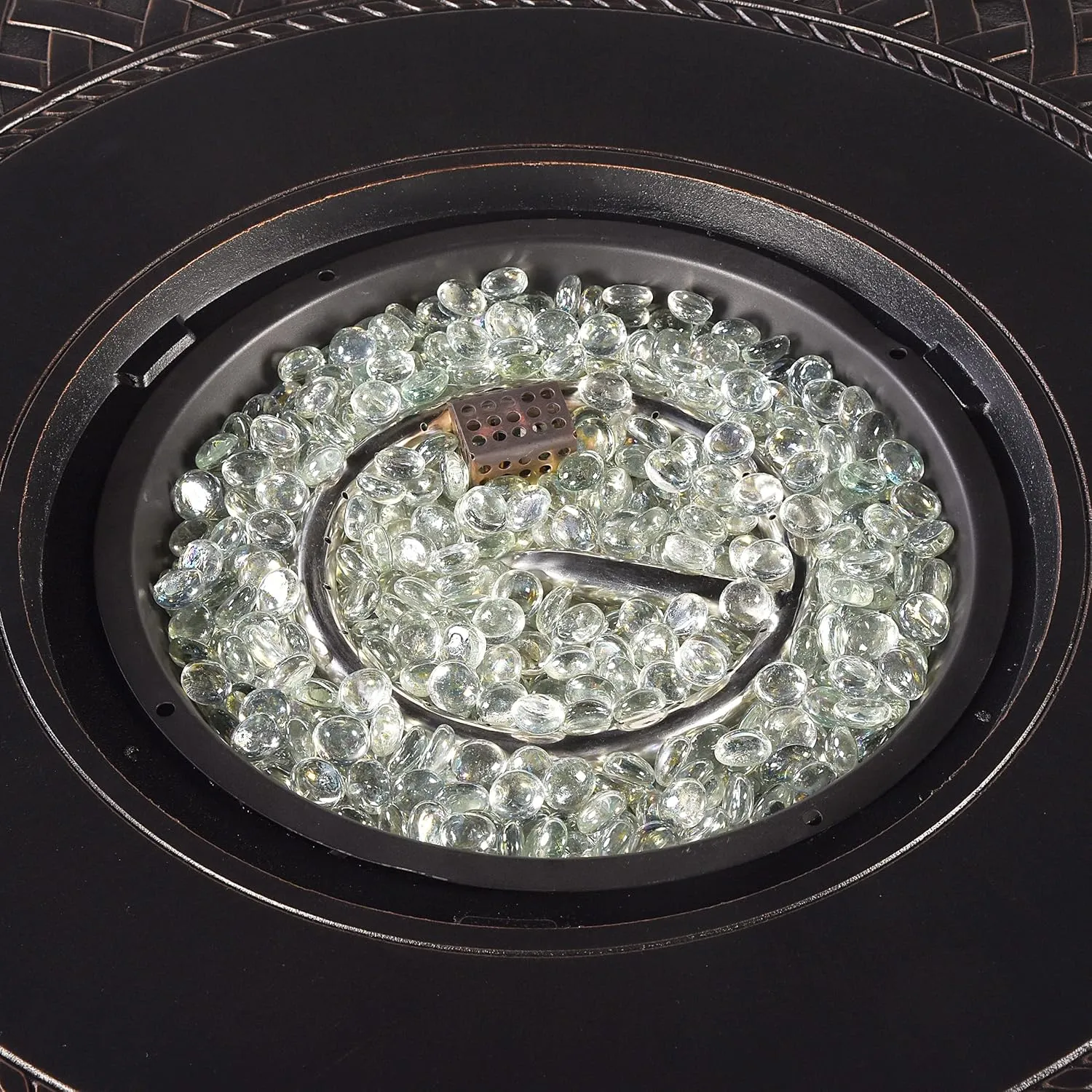 Aluminum 37,0000 BTU 34 in. Round Propane Black Fire Pit Table with Fire Beads, Lid, Propane Tank Cover and Table Fabric Covers in Copper Finish