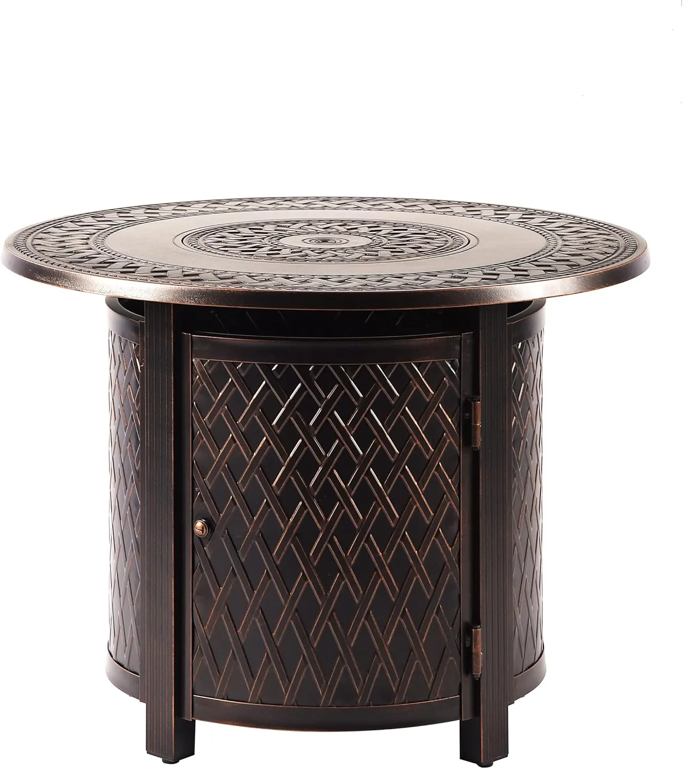 Aluminum 37,0000 BTU 34 in. Round Propane Black Fire Pit Table with Fire Beads, Lid, Propane Tank Cover and Table Fabric Covers in Copper Finish