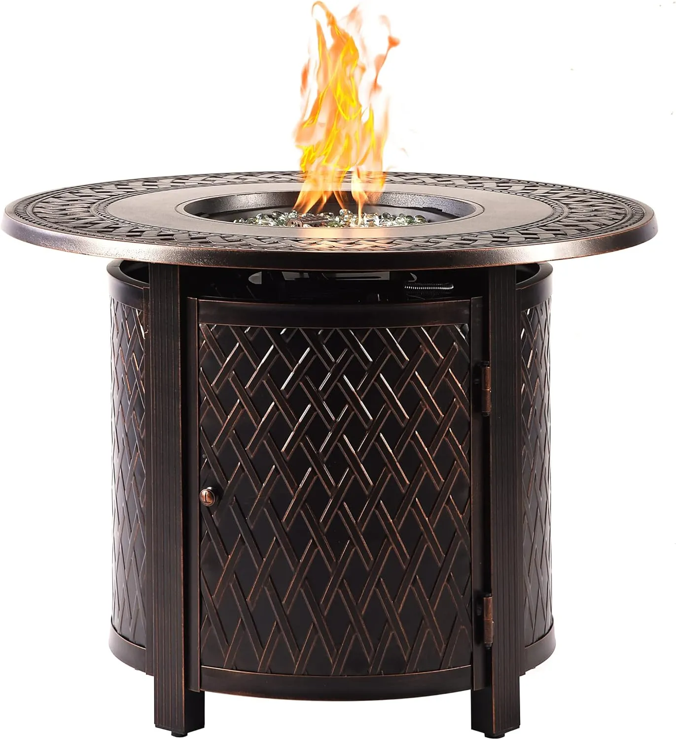 Aluminum 37,0000 BTU 34 in. Round Propane Black Fire Pit Table with Fire Beads, Lid, Propane Tank Cover and Table Fabric Covers in Copper Finish