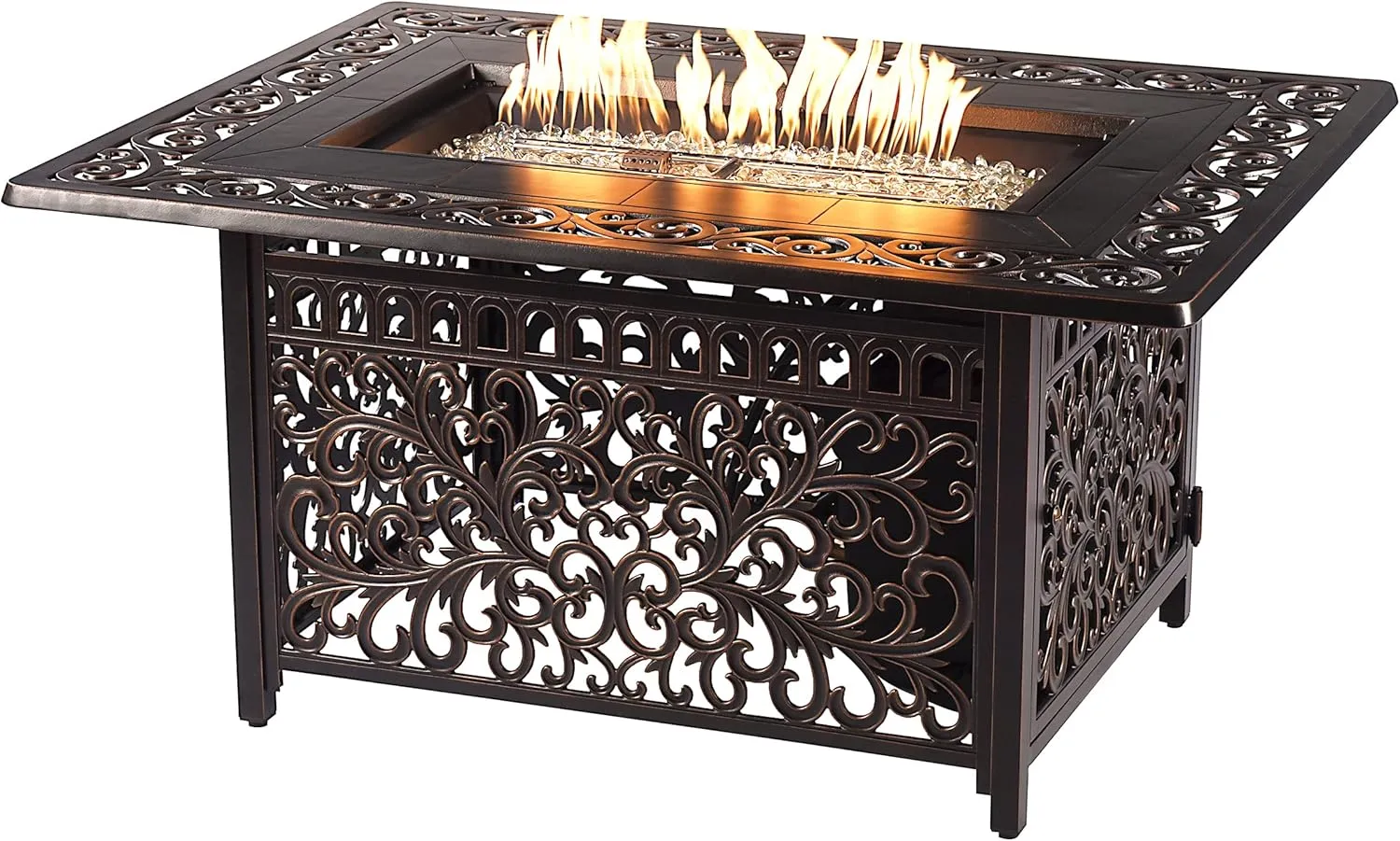 Aluminum 57,0000 BTU 48 in. Rectangular Propane Black Fire Pit Table with Fire Beads, Lid, Propane Tank Cover and Table Fabric Covers in Copper