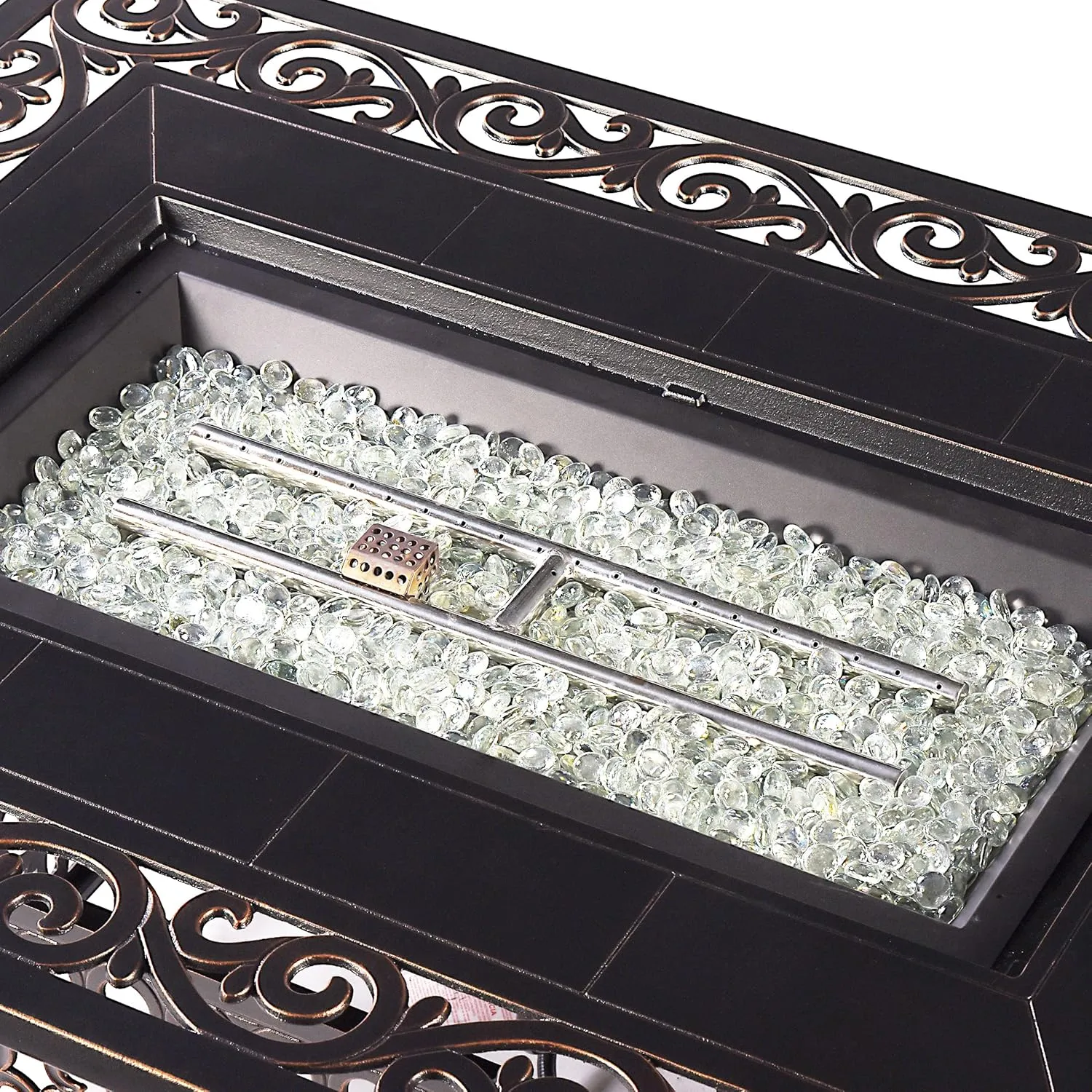 Aluminum 57,0000 BTU 48 in. Rectangular Propane Black Fire Pit Table with Fire Beads, Lid, Propane Tank Cover and Table Fabric Covers in Copper