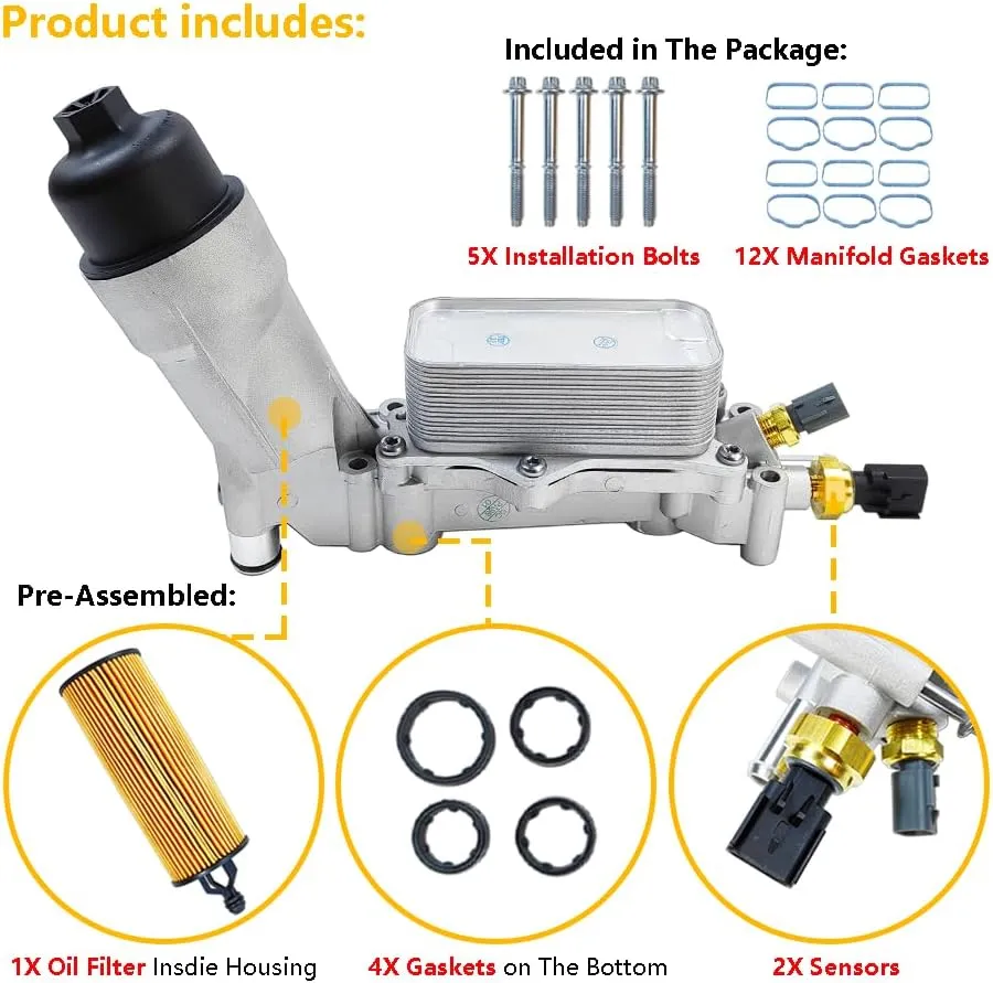 Aluminum Engine Oil Cooler & Oil Filter Housing | Fit for Chrysler 200 300, Jeep Grand Cherokee Wrangler, Ram 1500 ProMaster, Dodge Challenger Durango Journey 3.6L V6 | OE#: ‎926-876 926-959 5184294AE
