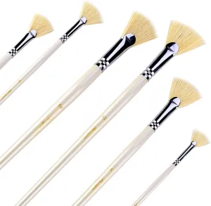 Amagic Fan Brush Set - Hog Bristle Natural Hair - Artist Soft Anti-Shedding Paint Brushes for Acrylic Watercolor Oil Painting, Long Wood Handle with Case, Set of 6