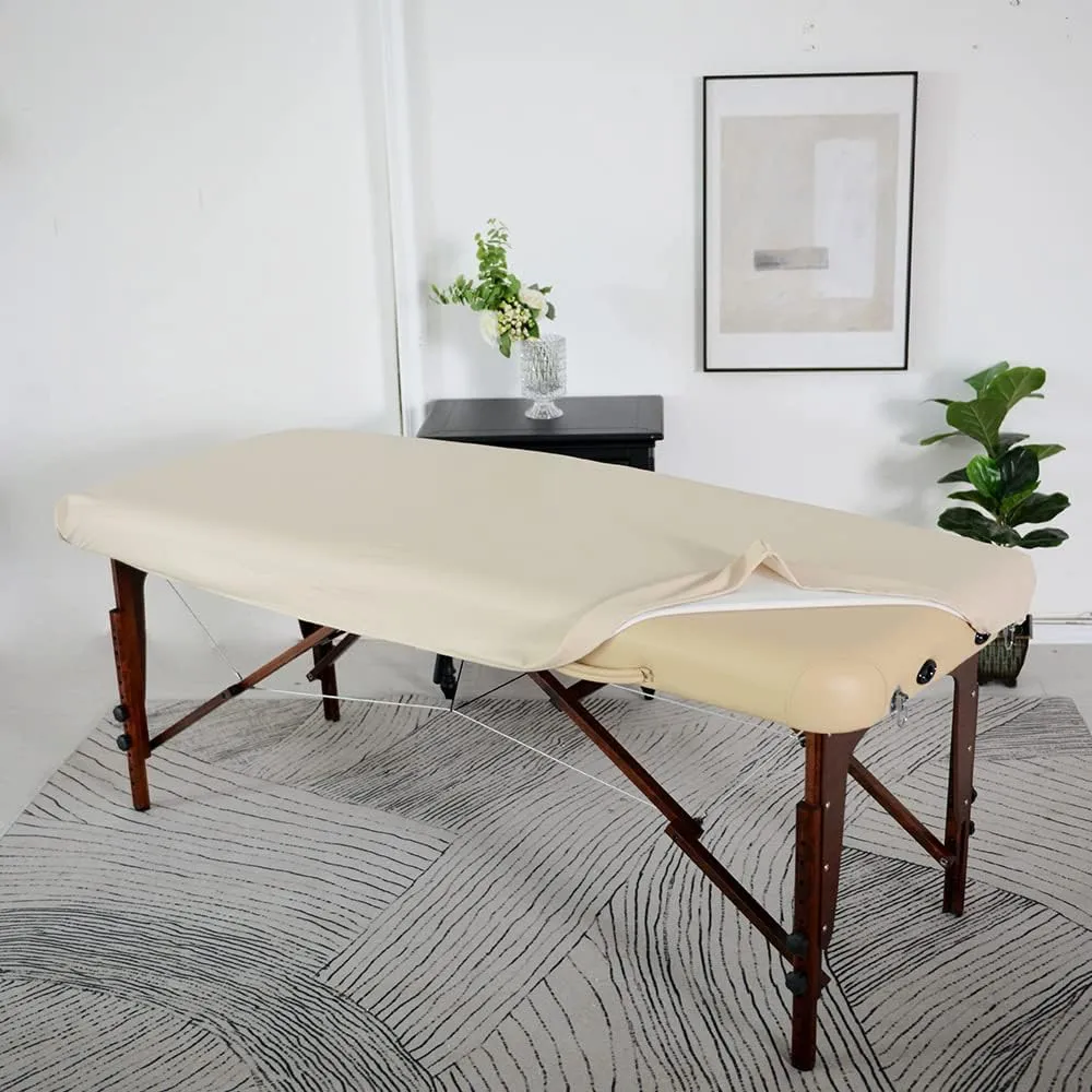 ARTABLE Massage Table Protection Cover Universal Fabric Fitted PU Vinyl Leather Bed Sheet Tables 28-32" Wide Fits Round&Square Corner Tables 1 Count (Beige, 30 x 70 Inch)