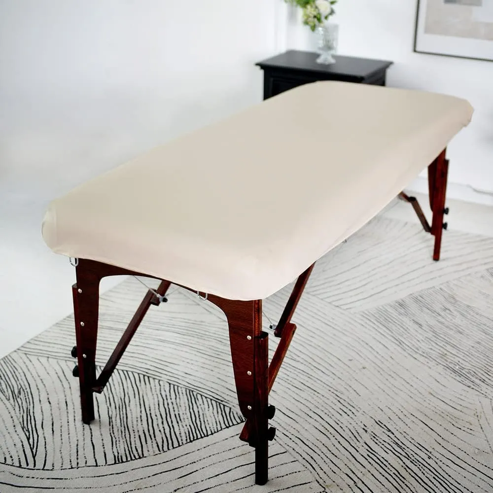 ARTABLE Massage Table Protection Cover Universal Fabric Fitted PU Vinyl Leather Bed Sheet Tables 28-32" Wide Fits Round&Square Corner Tables 1 Count (Beige, 30 x 70 Inch)