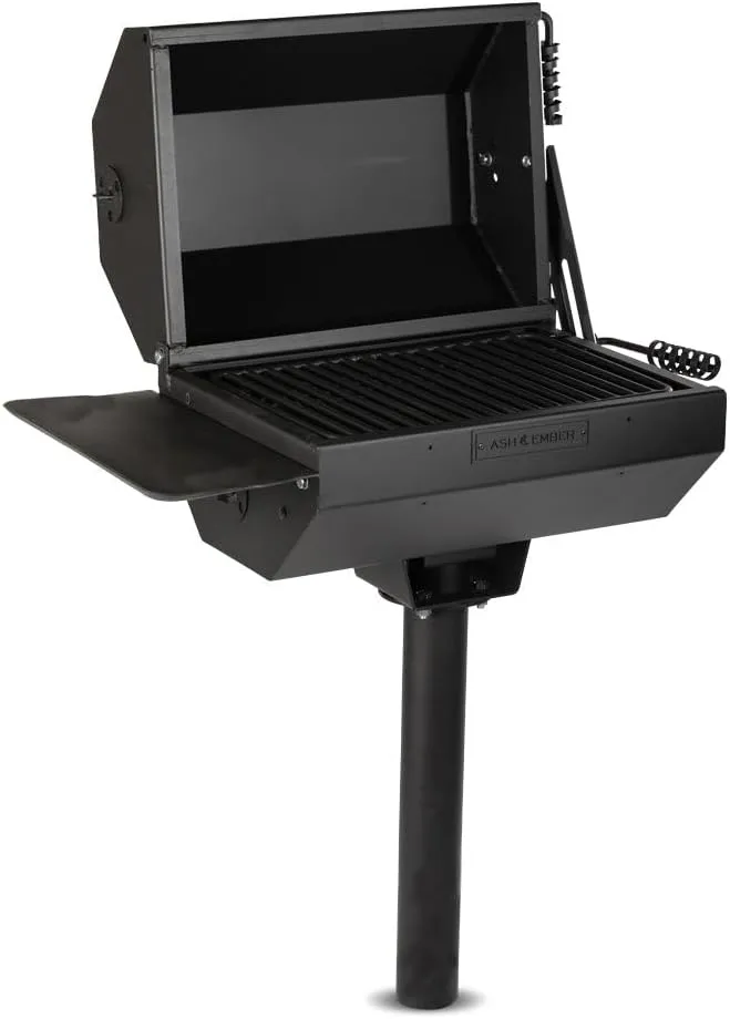 Ash & Ember Park-Style Grill/Smoker, 390 Sq. Inch Charcoal Grill with Cover, 21" x 15" Grate, Side Shelf for Food Prep & Accessories, Single Post Permanent Park-Style Grill for Outdoor Backyard BBQ
