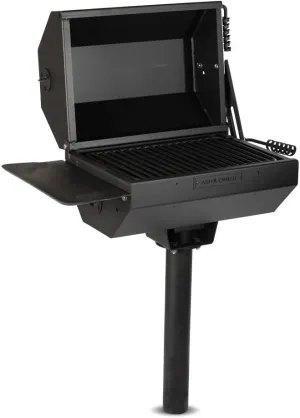 Ash & Ember Park-Style Grill/Smoker, 390 Sq. Inch Charcoal Grill with Cover, 21" x 15" Grate, Side Shelf for Food Prep & Accessories, Single Post Permanent Park-Style Grill for Outdoor Backyard BBQ