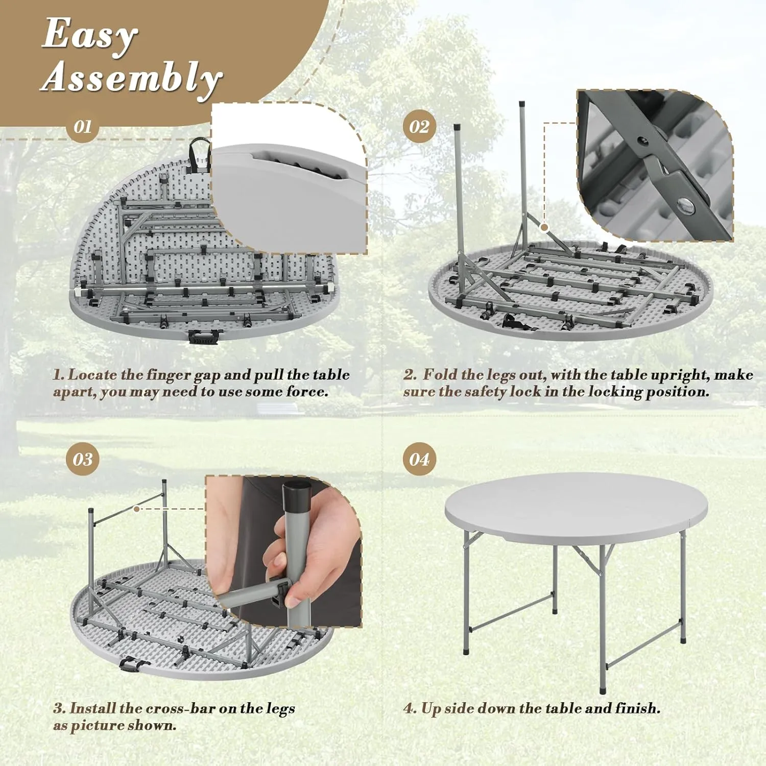 Athena Collection 4.5ft Folding Table, Indoor Outdoor Foldable Round Card Desk Portable Plastic Craft Table with Lock & Handle, Collapsible Dining Desk for Commercial Party Camping, Gray