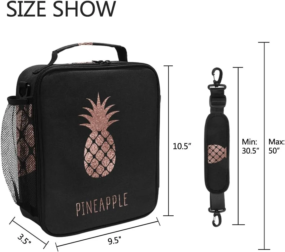 AUUXVA Lunch Box Bag, Rose Gold, Pineapple Pattern, Thermal Insulated, Adjustable Shoulder Strap, 10.5"H x 3.5"W x 9.5"L