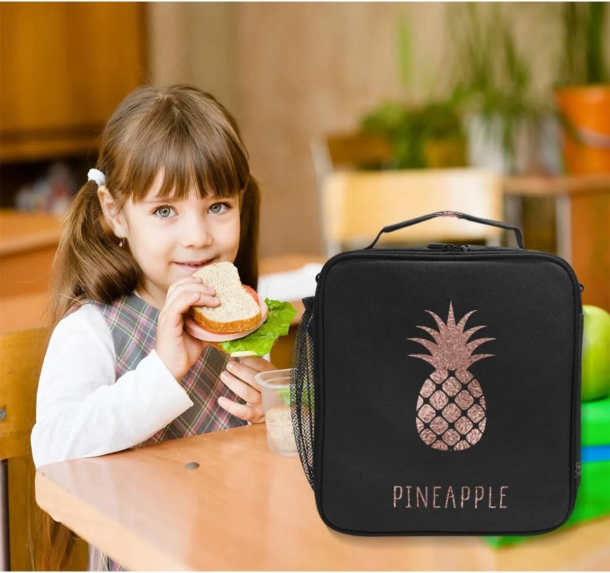 AUUXVA Lunch Box Bag, Rose Gold, Pineapple Pattern, Thermal Insulated, Adjustable Shoulder Strap, 10.5"H x 3.5"W x 9.5"L