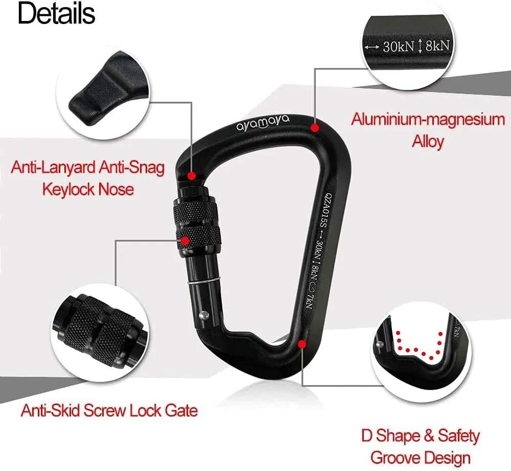 Ayamaya Climbing Carabiners - 3 Pack Screwgate Locking Carabiner 30KN (6744 lbs) Heavy Duty Gears for Rock Climbing, Rappelling, Swing Rescue & Gym, Large D-Shaped Carabiners