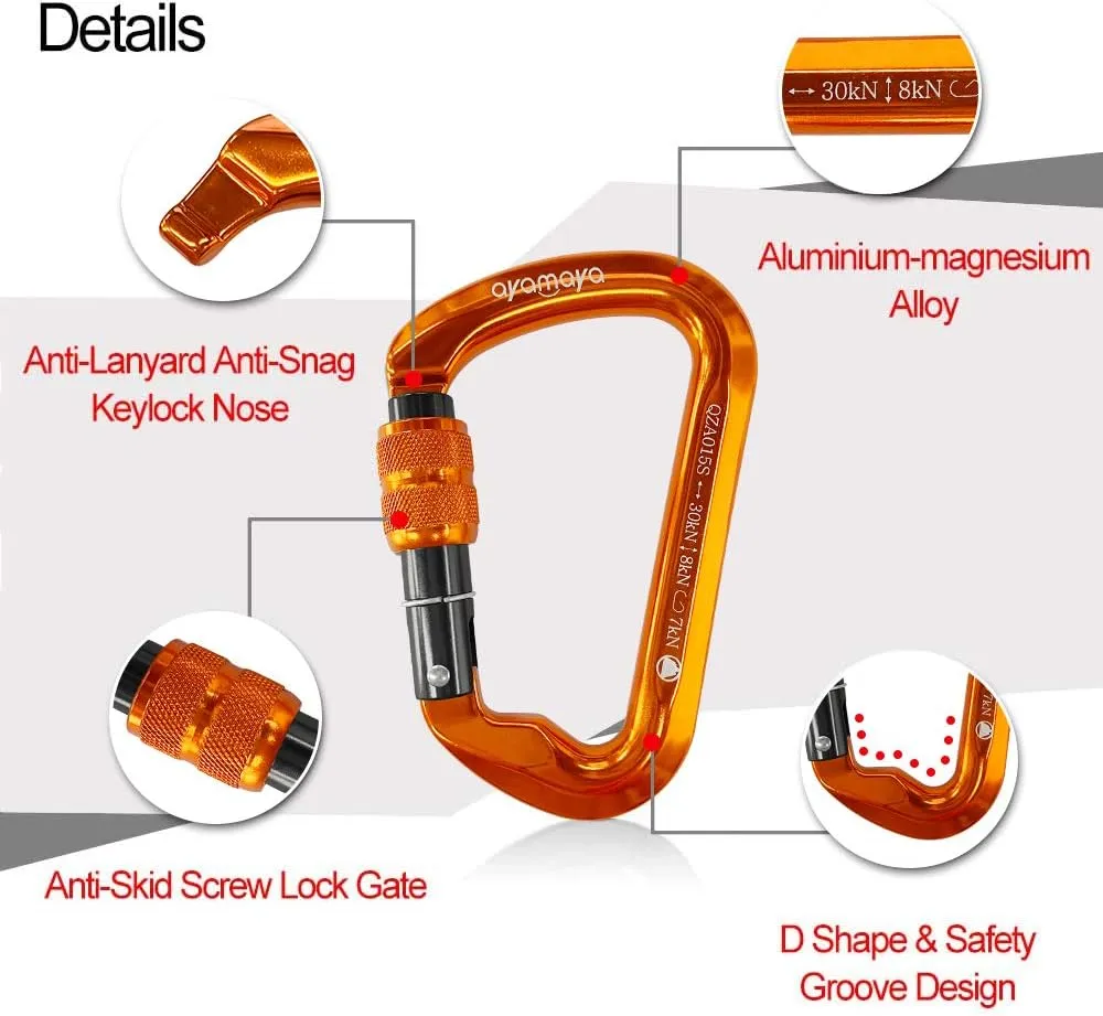 Ayamaya Climbing Carabiners - 3 Pack Screwgate Locking Carabiner 30KN (6744 lbs) Heavy Duty Gears for Rock Climbing, Rappelling, Swing Rescue & Gym, Large D-Shaped Carabiners