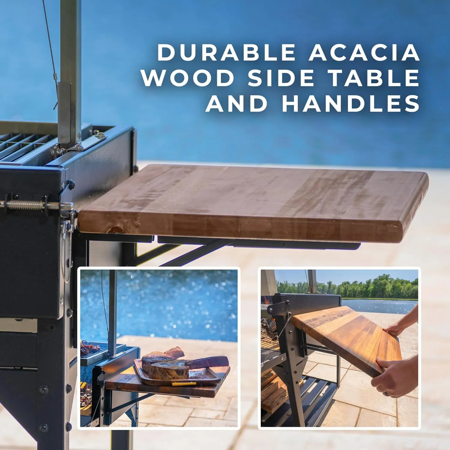 Backyard Discovery Argentine Santa Maria Heritage Wood Fire & Charcoal BBQ Grill with Adjustable Grill Grates, Fire Bricks, Heavy-Duty Steel, S-Hooks, Acacia Wood Table for Outdoor Gaucho Grilling