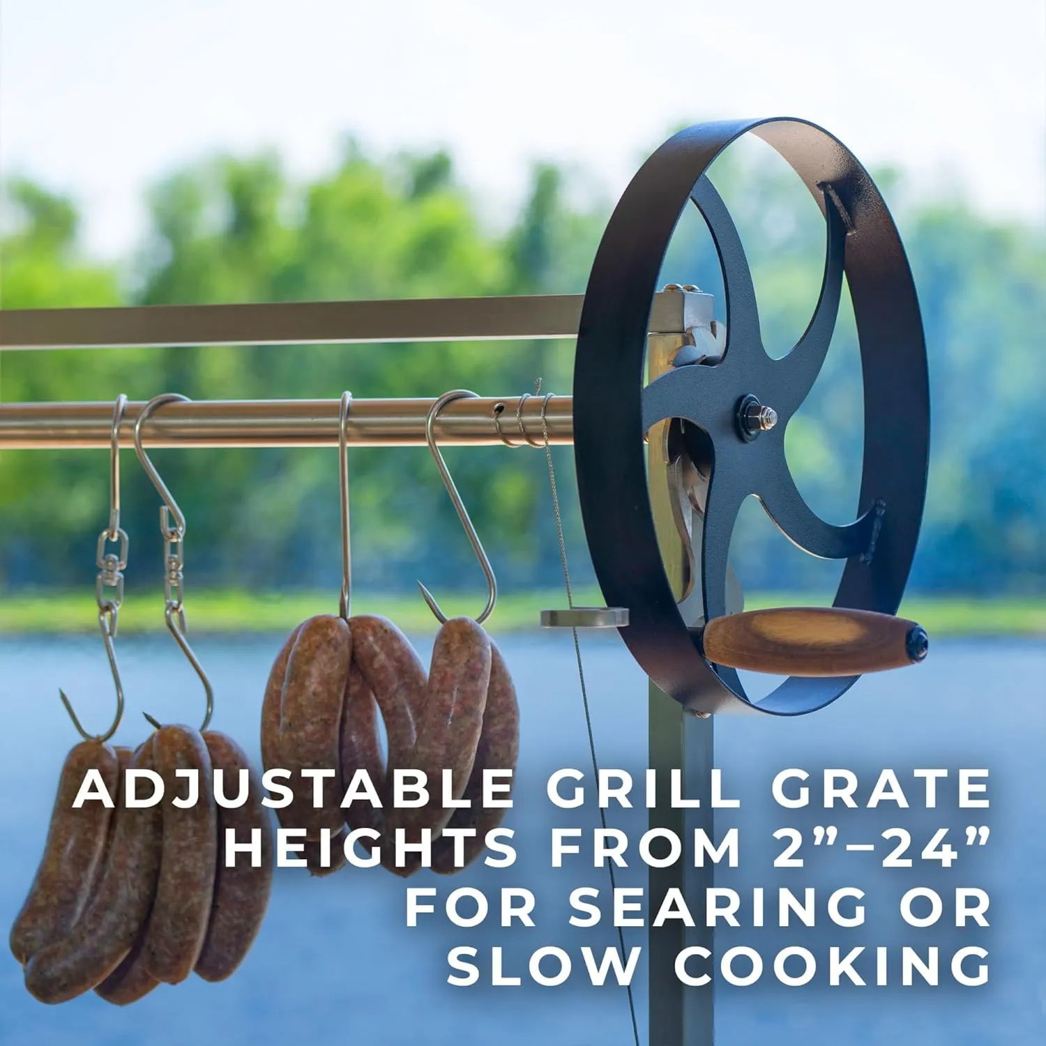 Backyard Discovery Argentine Santa Maria Heritage Wood Fire & Charcoal BBQ Grill with Adjustable Grill Grates, Fire Bricks, Heavy-Duty Steel, S-Hooks, Acacia Wood Table for Outdoor Gaucho Grilling