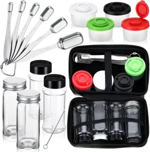 Baderke 18 Pcs Portable Spice Dispenser Kit Includes Mini Salt Shakers with Portable Spice Bag and Measuring Spoons, Funnel, Brushes for Travel Outdoor Camping Kitchen
