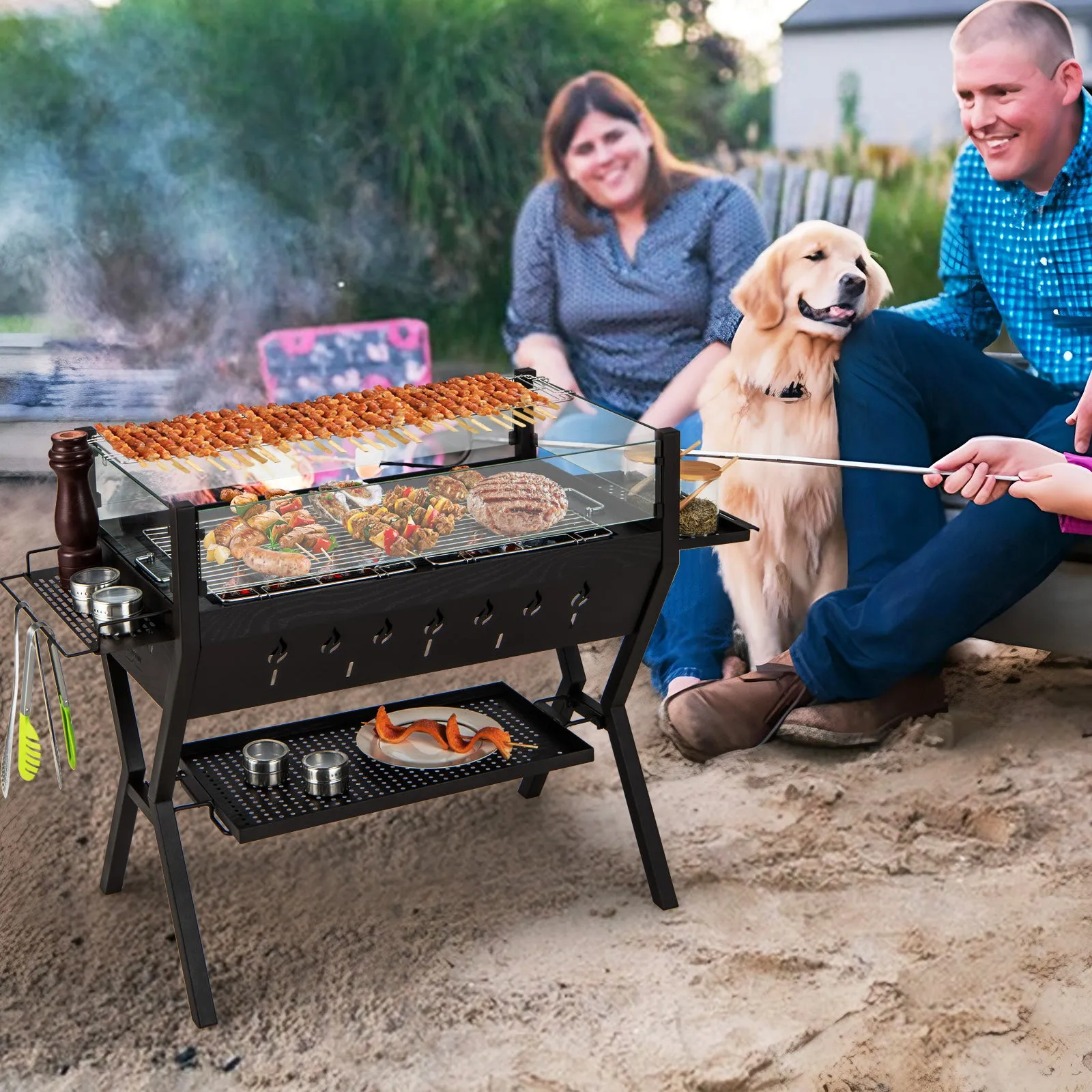 Barbecue Charcoal Grills with Wind Guard and Seasoning Racks-Black