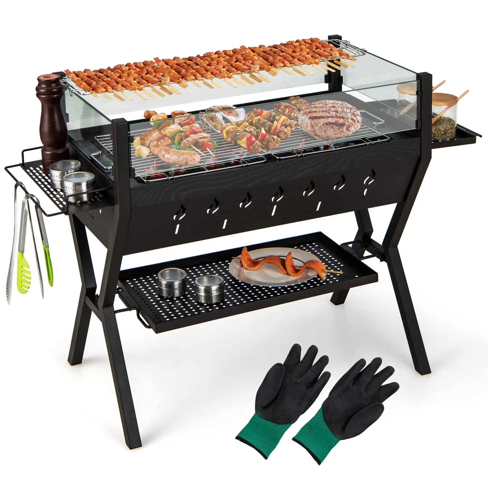Barbecue Charcoal Grills with Wind Guard and Seasoning Racks-Black