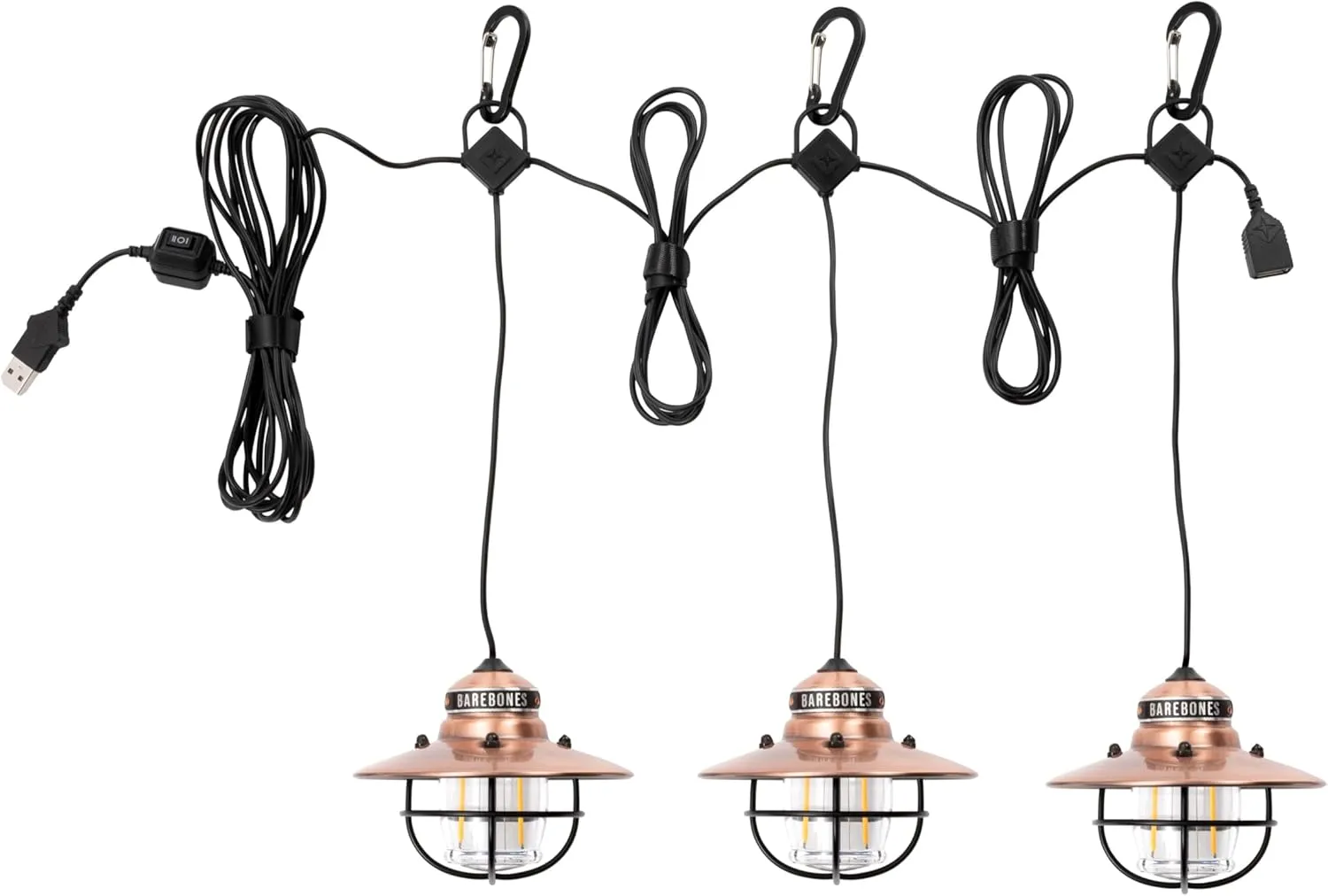 Barebones Edison Pendant String Lights - Copper, 3 Edison-Style LED Bulbs with 10-Foot Cord, Energy-Efficient Outdoor Lanterns for Patio, Garden, or Indoor Decor