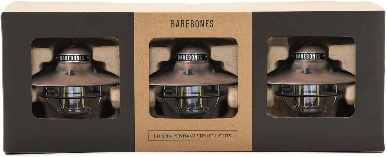Barebones Edison Pendant String Lights - Copper, 3 Edison-Style LED Bulbs with 10-Foot Cord, Energy-Efficient Outdoor Lanterns for Patio, Garden, or Indoor Decor