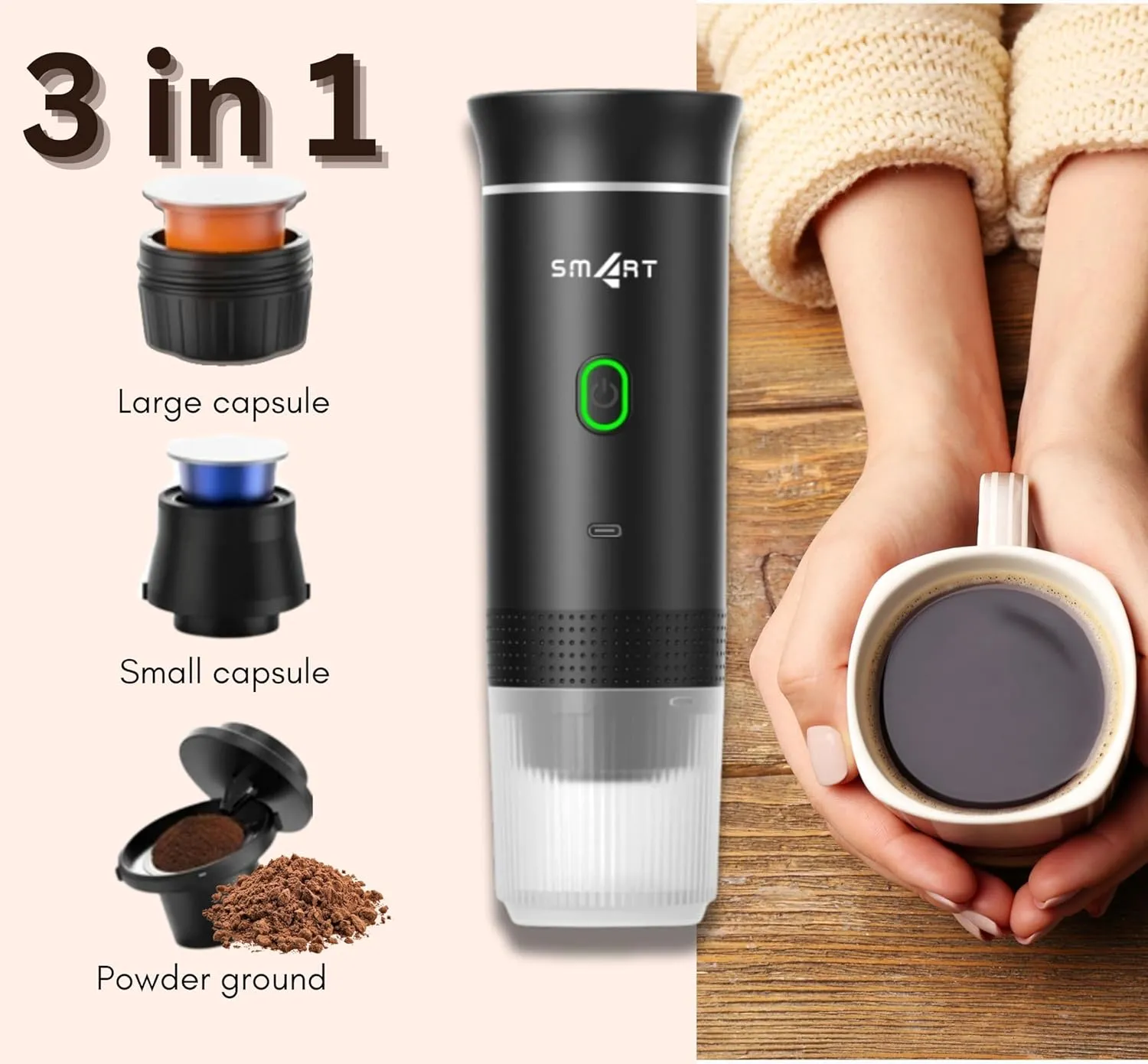 Battery Operated Coffee Maker, 3 in 1 Portable Coffee Maker, 12v Coffee Maker for Car, Cafetera Portable, USB Espresso, Travel Espresso Maker, NS Capsule, Dolce Gusto, Ground Powder (Black)