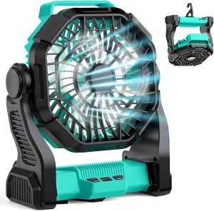 Battery Powered Fan Portable, 10-In Tent Fan for Camping Hanging, 4 Fan Speeds & 125° Rotation, Rechargeable Fans with LED Lantern for Travel, Fishing, Power Outage, Camping Accessories, Blue